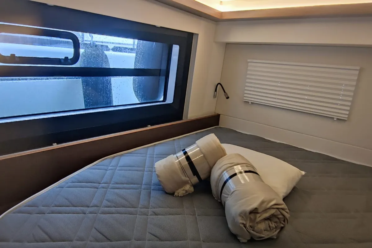 Cabin on Sardinia, a Nautitech 46 Fly catamaran at Cagliari, Italy