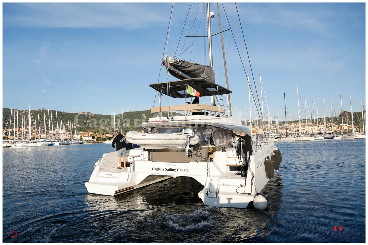 Exterior view of Sardinia, a Nautitech 46 Fly catamaran at Cagliari, Italy