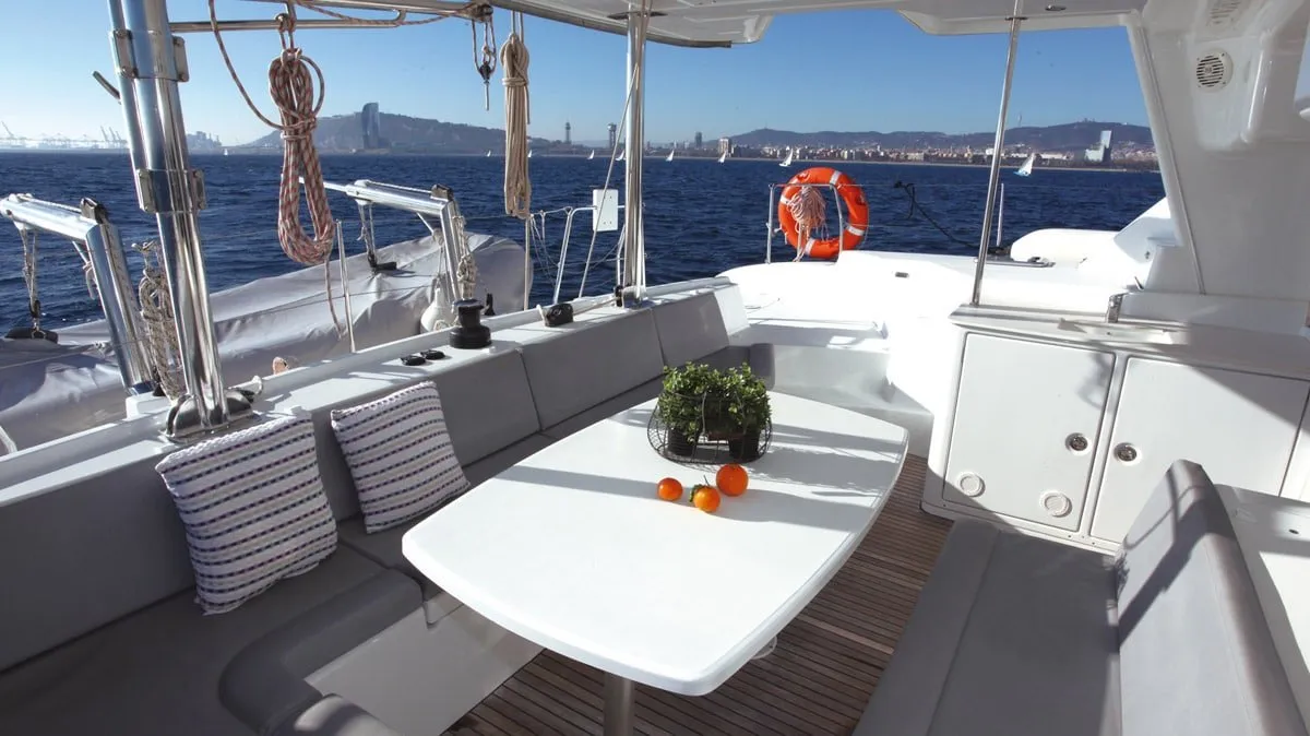 Exterior view of Atlantis, a Lagoon 440 catamaran at Santa Eulària des Riu, Spain