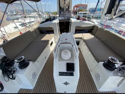 Cockpit of Thivi, a Jeanneau Sun Odyssey 440 sailboat at Municipal Unit of Rhodes, Greece