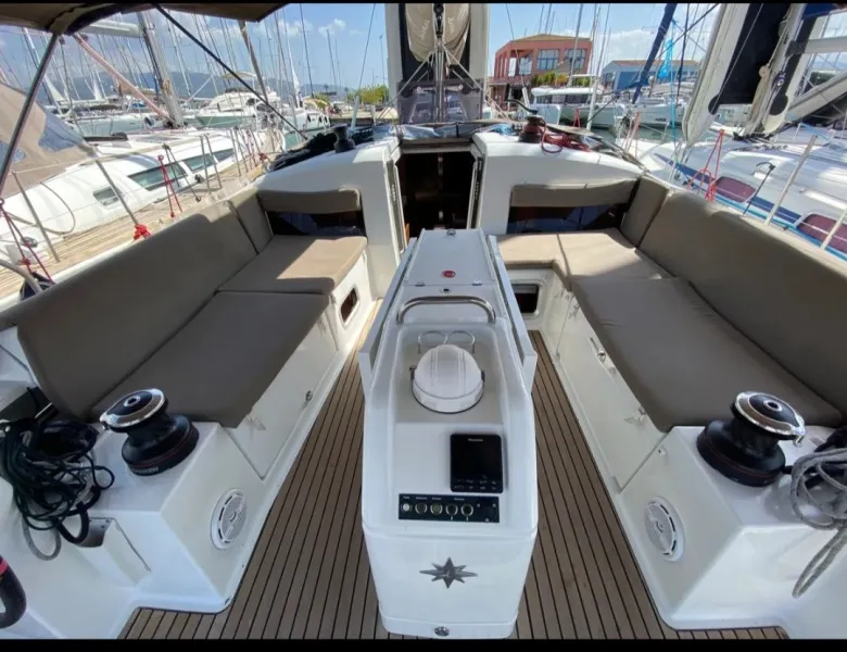 Cockpit of Thivi, a Jeanneau Sun Odyssey 440 sailboat at Municipal Unit of Rhodes, Greece