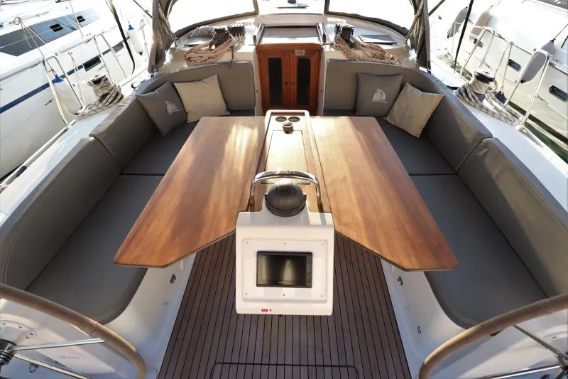 Cockpit of Sherdana, a Bavaria Cruiser 46 sailboat at Castellammare di Stabia, Italy
