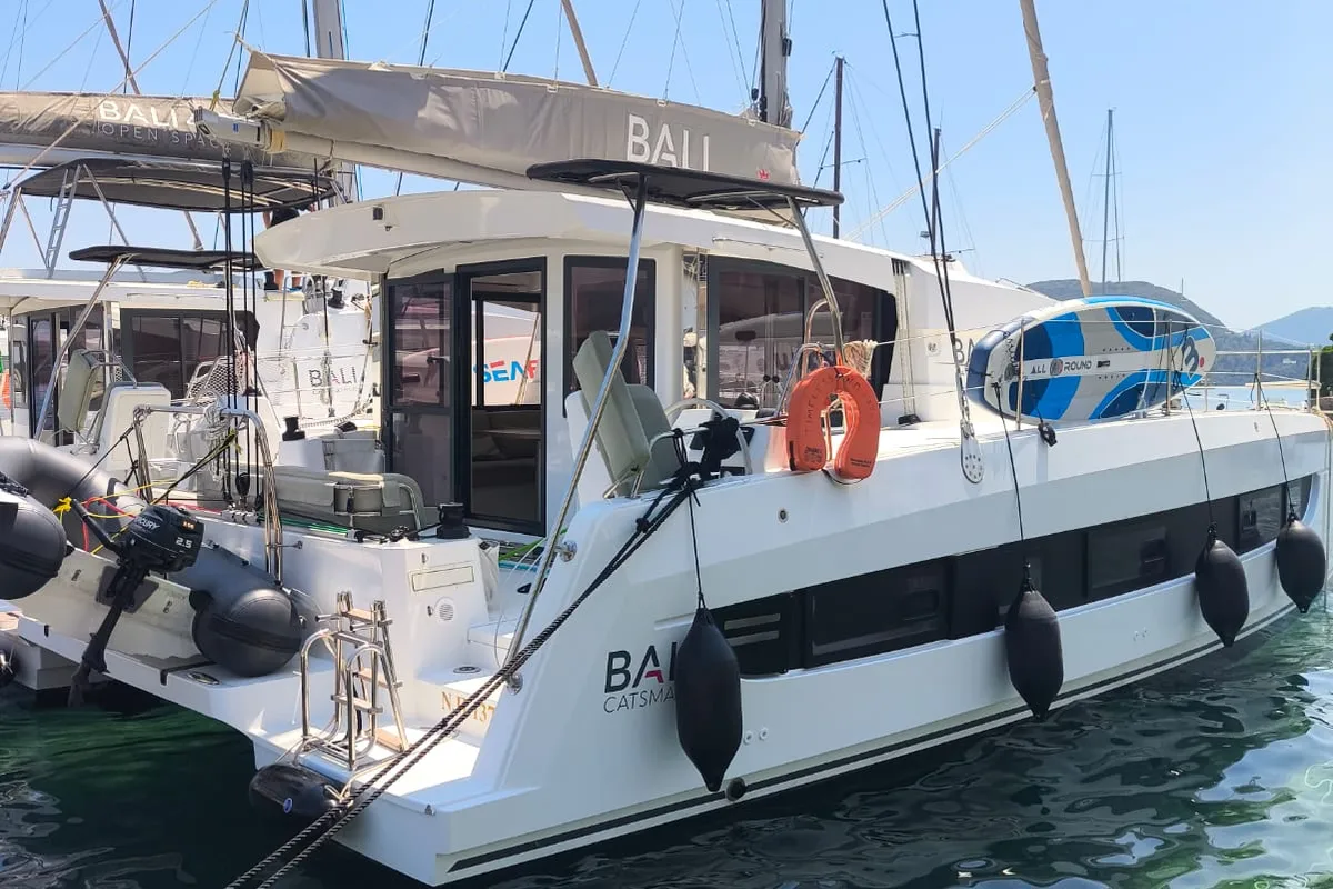 Exterior view of Timeless, a Bali Catsmart catamaran at Ellomenos, Greece