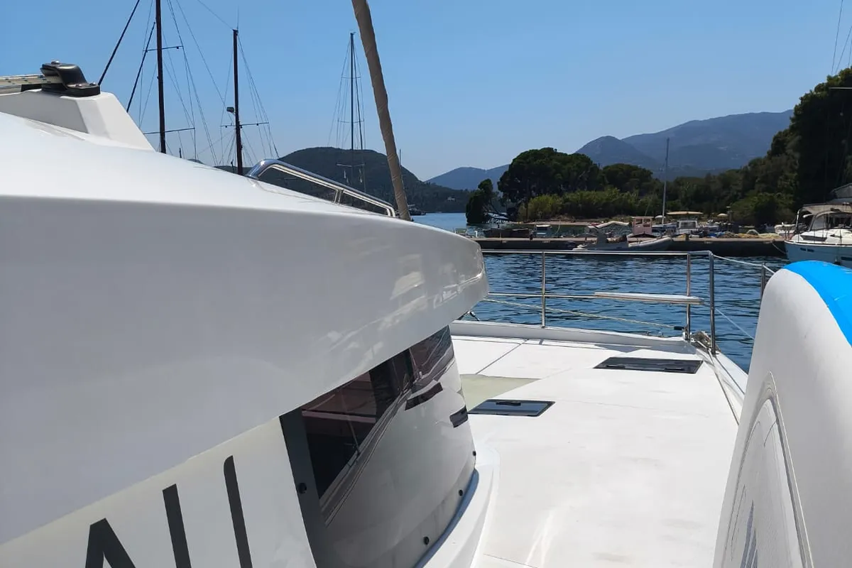 Deck of Timeless, a Bali Catsmart catamaran at Ellomenos, Greece