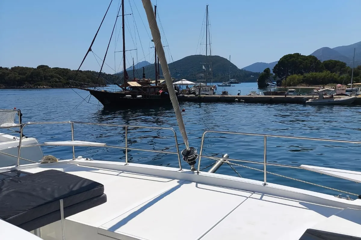Deck of Timeless, a Bali Catsmart catamaran at Ellomenos, Greece