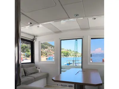 Salon of Timeless, a Bali Catsmart catamaran at Ellomenos, Greece