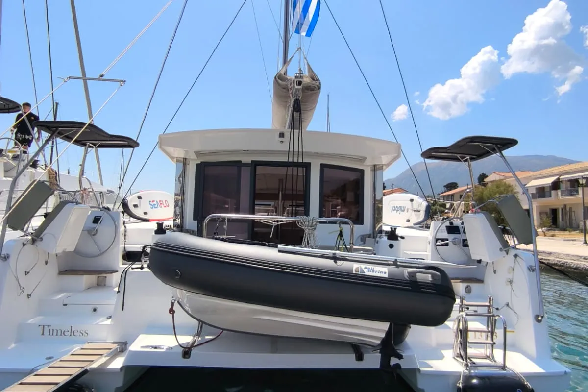 Exterior view of Timeless, a Bali Catsmart catamaran at Ellomenos, Greece