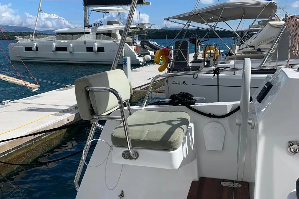 Cockpit of Timeless, a Bali Catsmart catamaran at Ellomenos, Greece