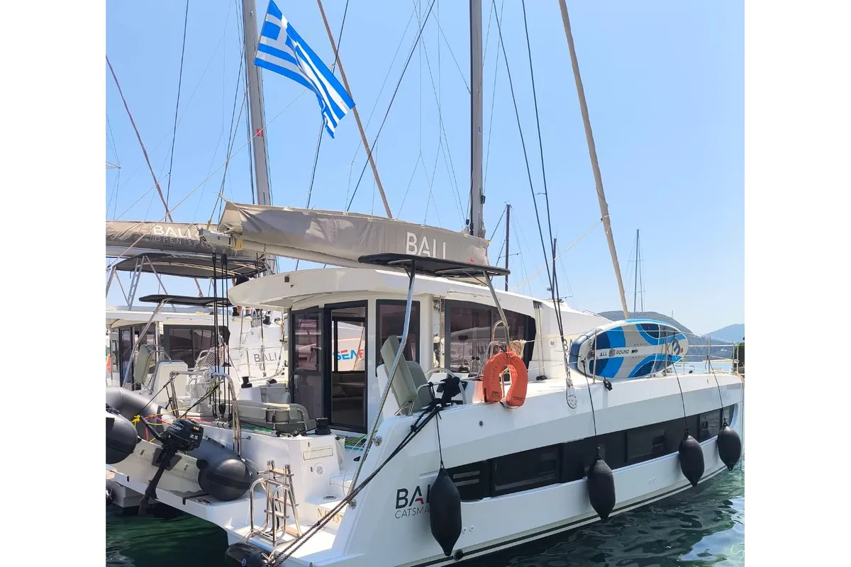 Exterior view of Timeless, a Bali Catsmart catamaran at Ellomenos, Greece