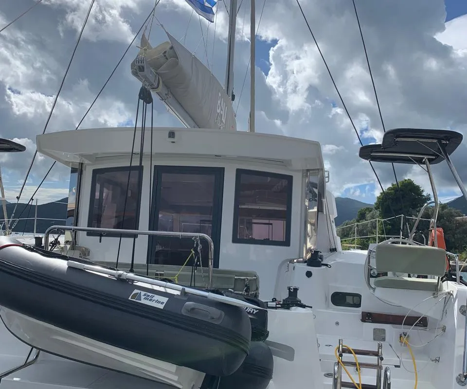 Exterior view of Timeless, a Bali Catsmart catamaran at Ellomenos, Greece