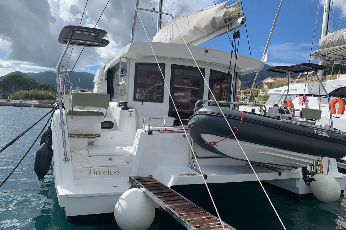 Exterior view of Timeless, a Bali Catsmart catamaran at Ellomenos, Greece