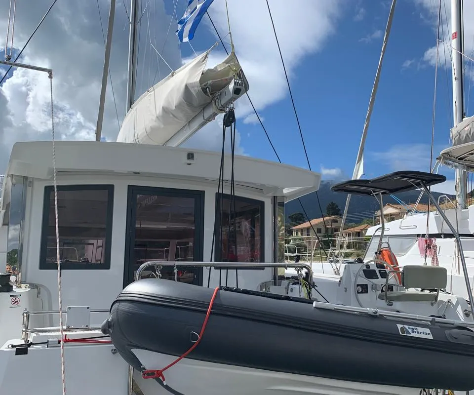 Exterior view of Timeless, a Bali Catsmart catamaran at Ellomenos, Greece