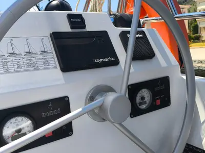 Cockpit of Timeless, a Bali Catsmart catamaran at Ellomenos, Greece