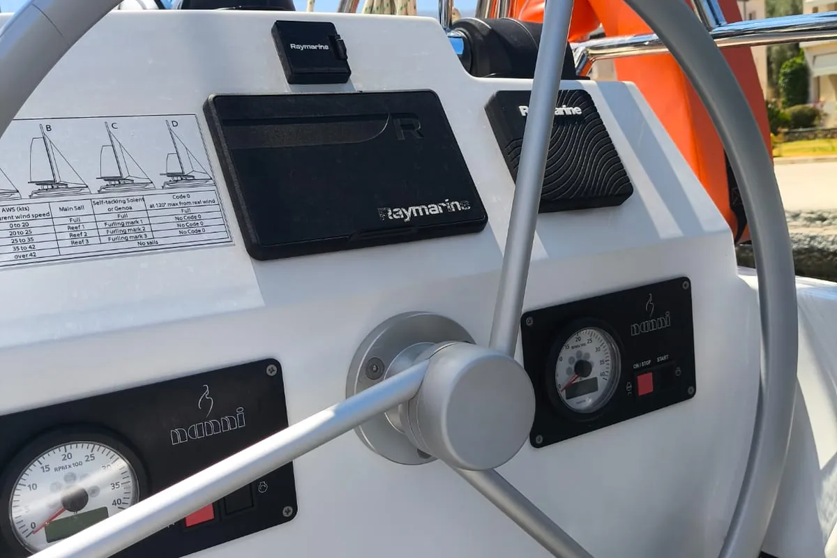 Cockpit of Timeless, a Bali Catsmart catamaran at Ellomenos, Greece