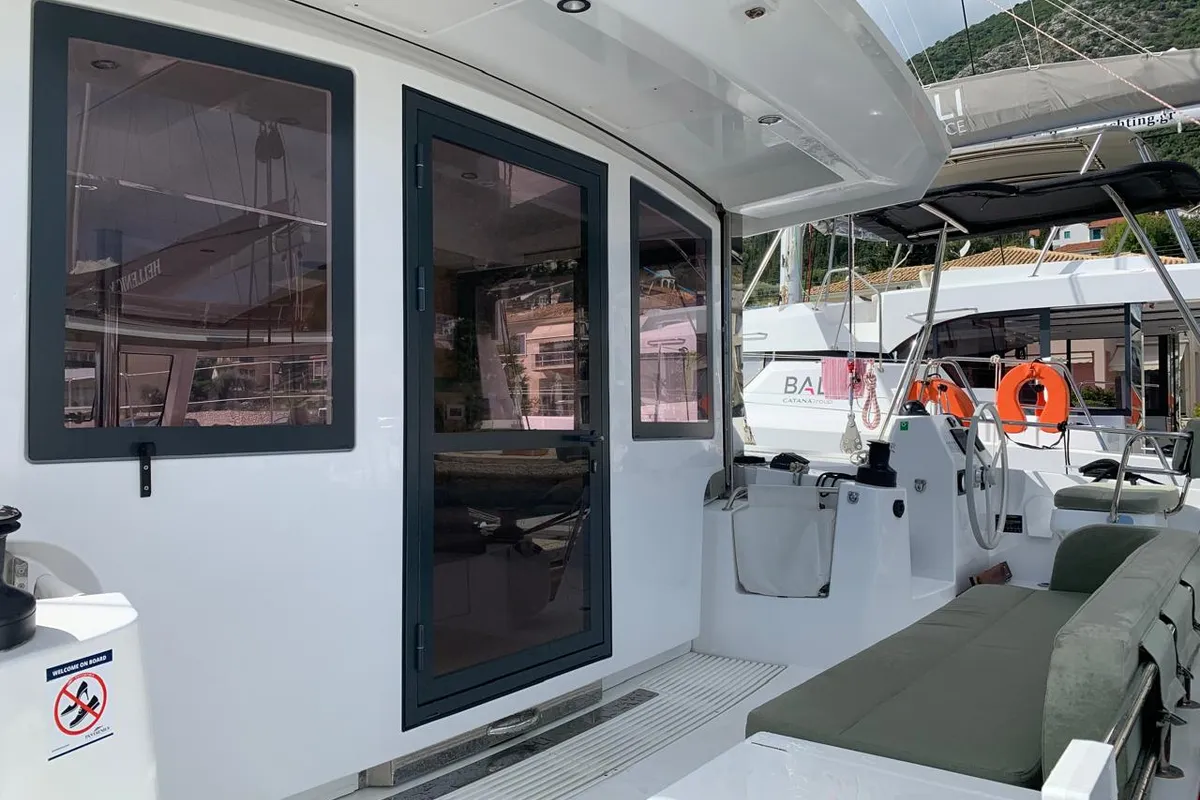 Cockpit of Timeless, a Bali Catsmart catamaran at Ellomenos, Greece