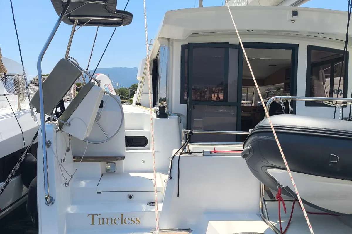 Exterior view of Timeless, a Bali Catsmart catamaran at Ellomenos, Greece