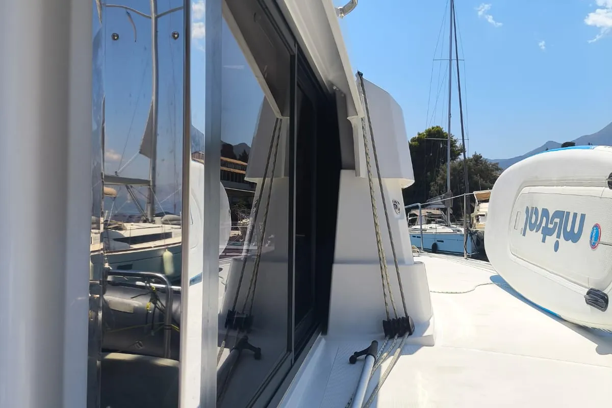 Deck of Timeless, a Bali Catsmart catamaran at Ellomenos, Greece
