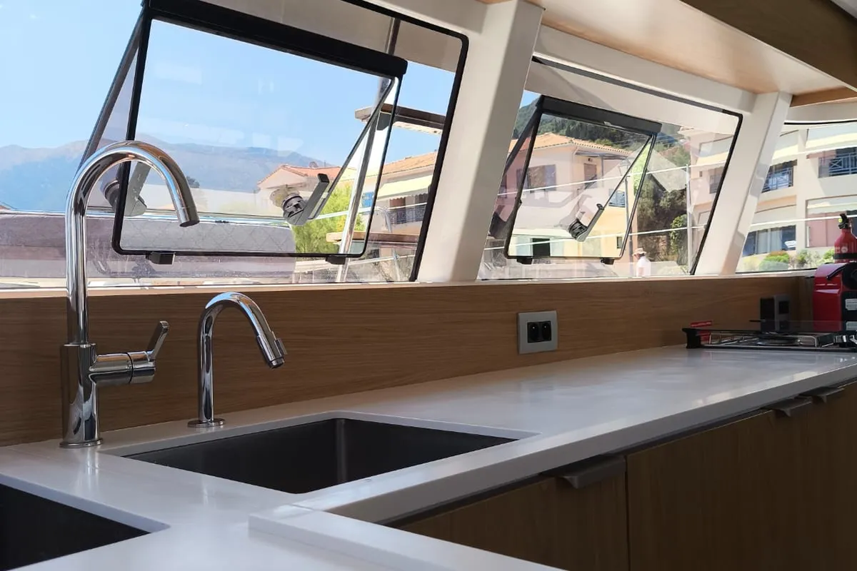 Galley of Timeless, a Bali Catsmart catamaran at Ellomenos, Greece