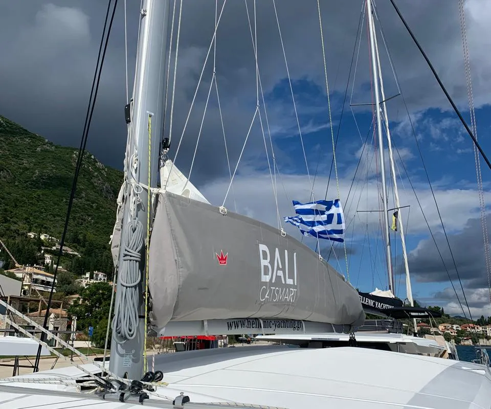 Exterior view of Timeless, a Bali Catsmart catamaran at Ellomenos, Greece