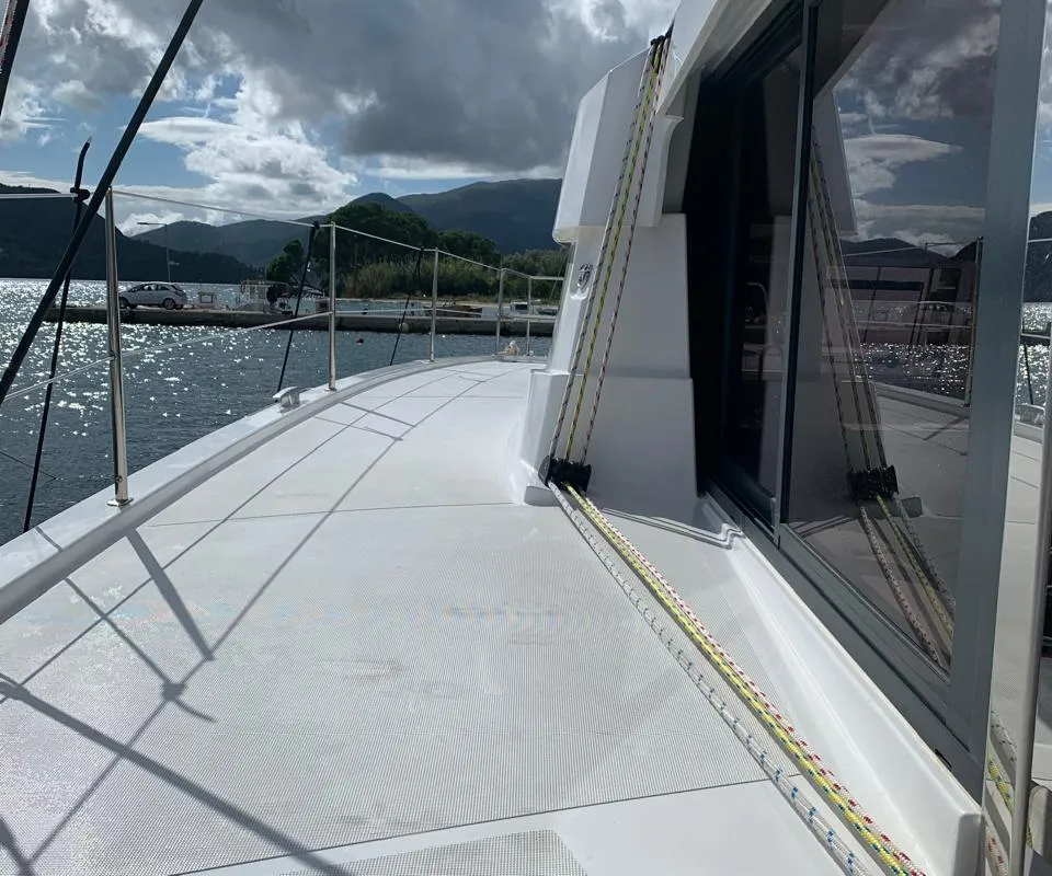 Deck of Timeless, a Bali Catsmart catamaran at Ellomenos, Greece