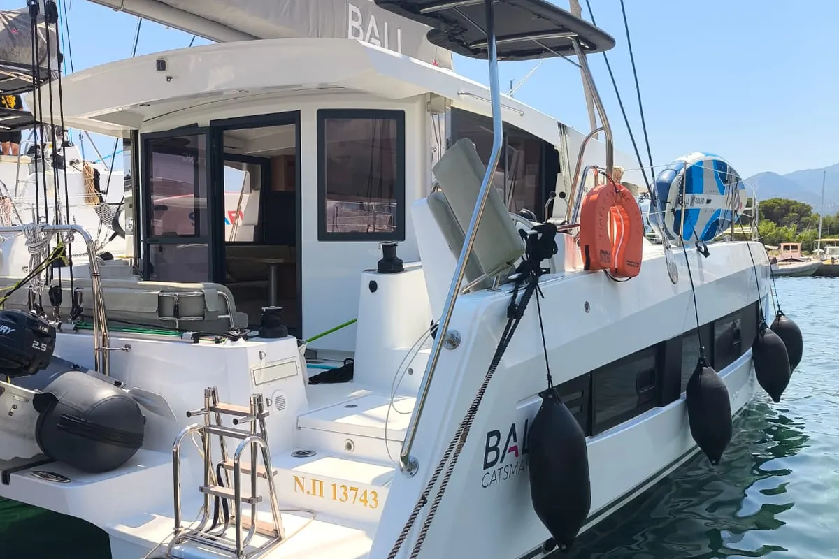 Exterior view of Timeless, a Bali Catsmart catamaran at Ellomenos, Greece