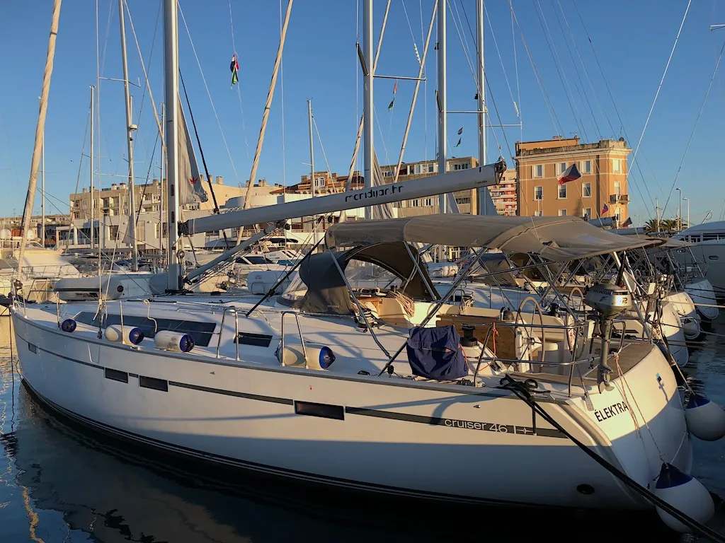 Exterior view of Elektra, a Bavaria Cruiser 46 sailboat at Zadar, Croatia