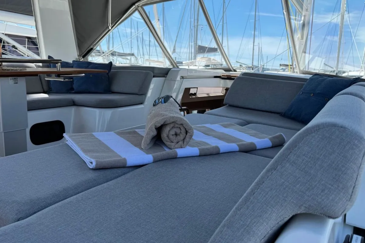 Deck of Eve One, a Beneteau Oceanis 54 sailboat at Seget Donji, Croatia