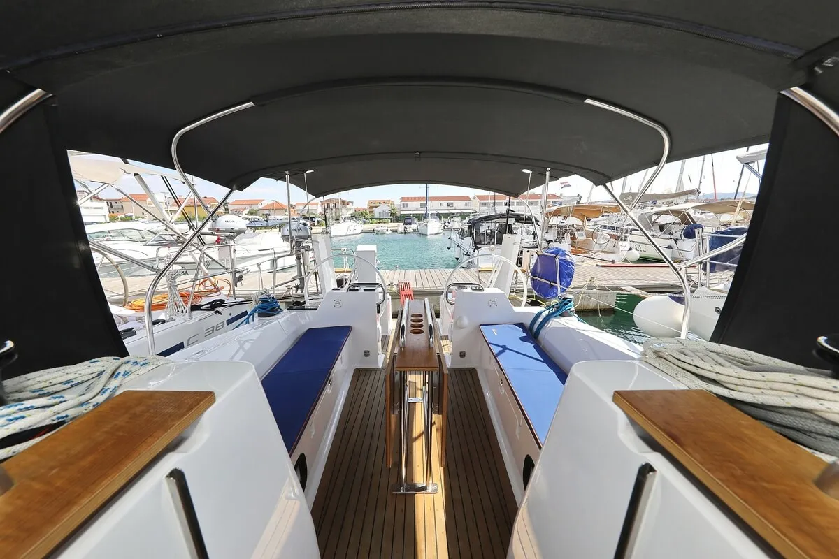 Deck of Valata, a Elan Impression 40.1 sailboat at Pirovac, Croatia