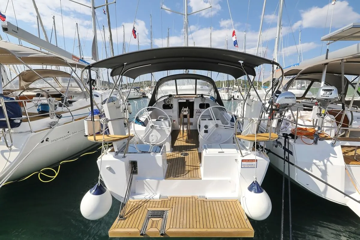 Exterior view of Valata, a Elan Impression 40.1 sailboat at Pirovac, Croatia