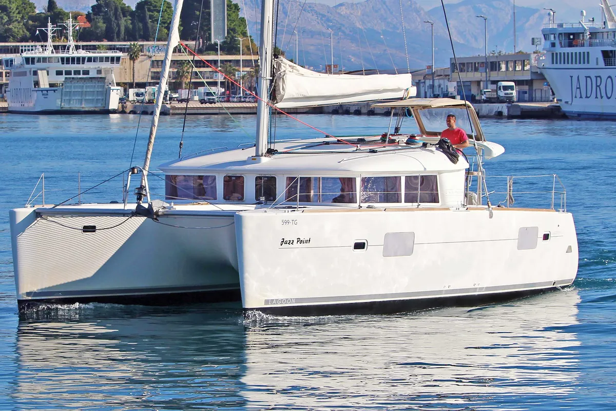 Exterior view of Jazz Point, a Lagoon 400 catamaran at Split, Croatia