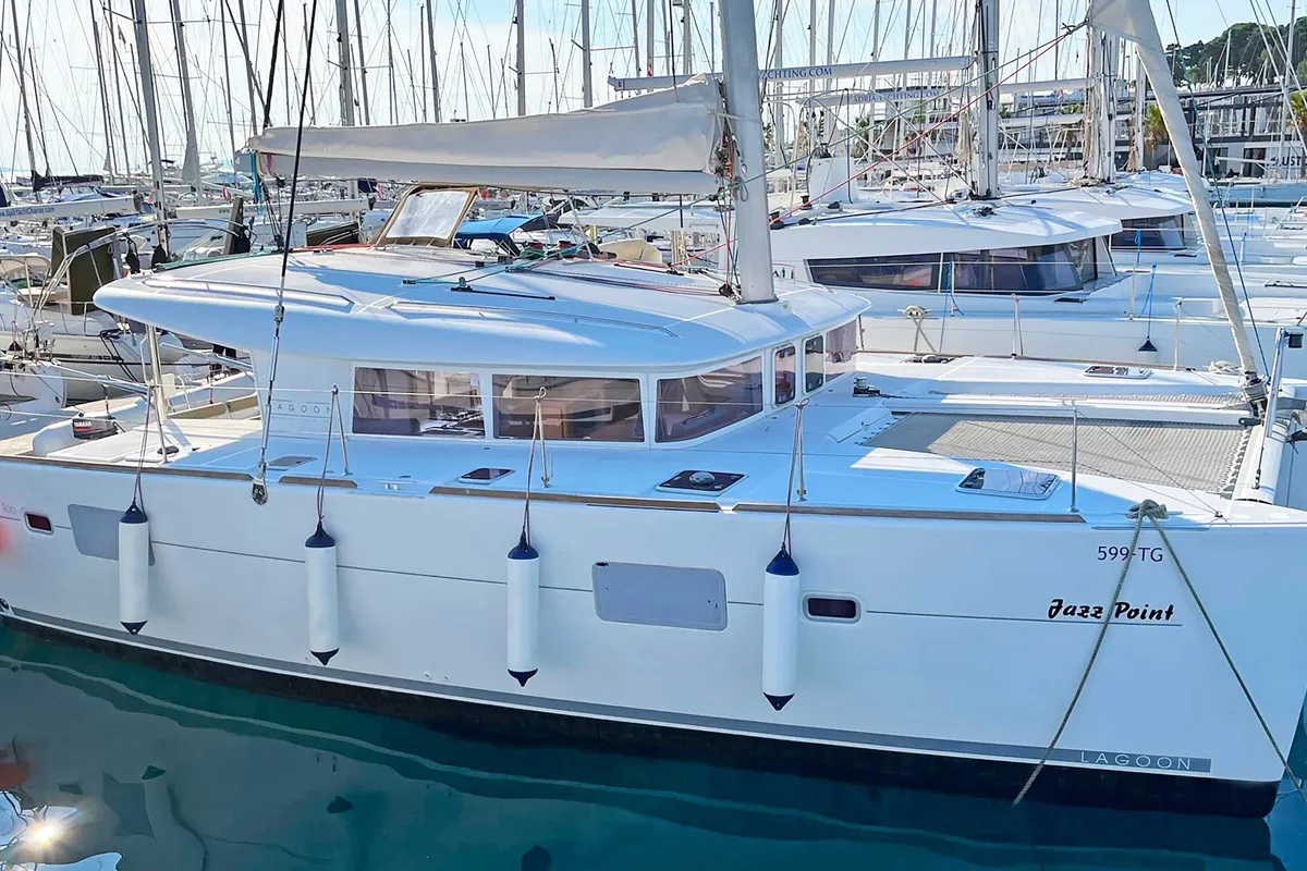 Exterior view of Jazz Point, a Lagoon 400 catamaran at Split, Croatia