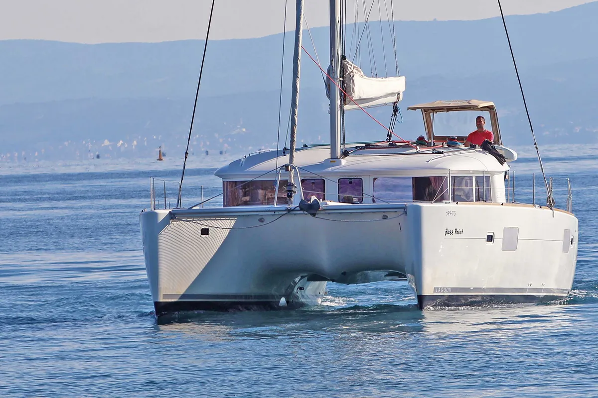 Exterior view of Jazz Point, a Lagoon 400 catamaran at Split, Croatia