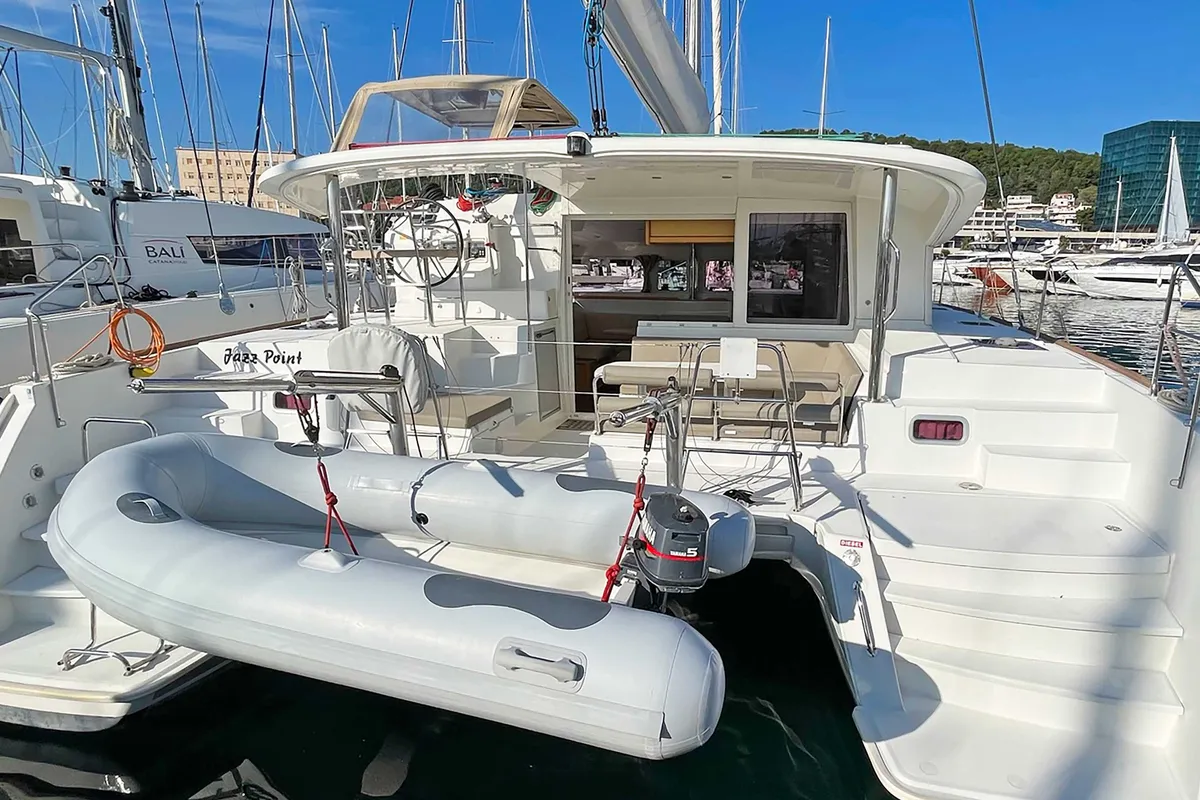 Exterior view of Jazz Point, a Lagoon 400 catamaran at Split, Croatia