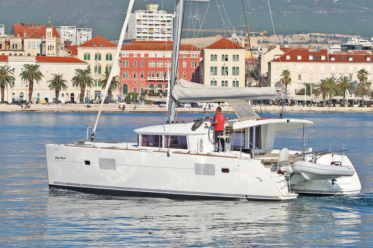 Exterior view of Jazz Point, a Lagoon 400 catamaran at Split, Croatia