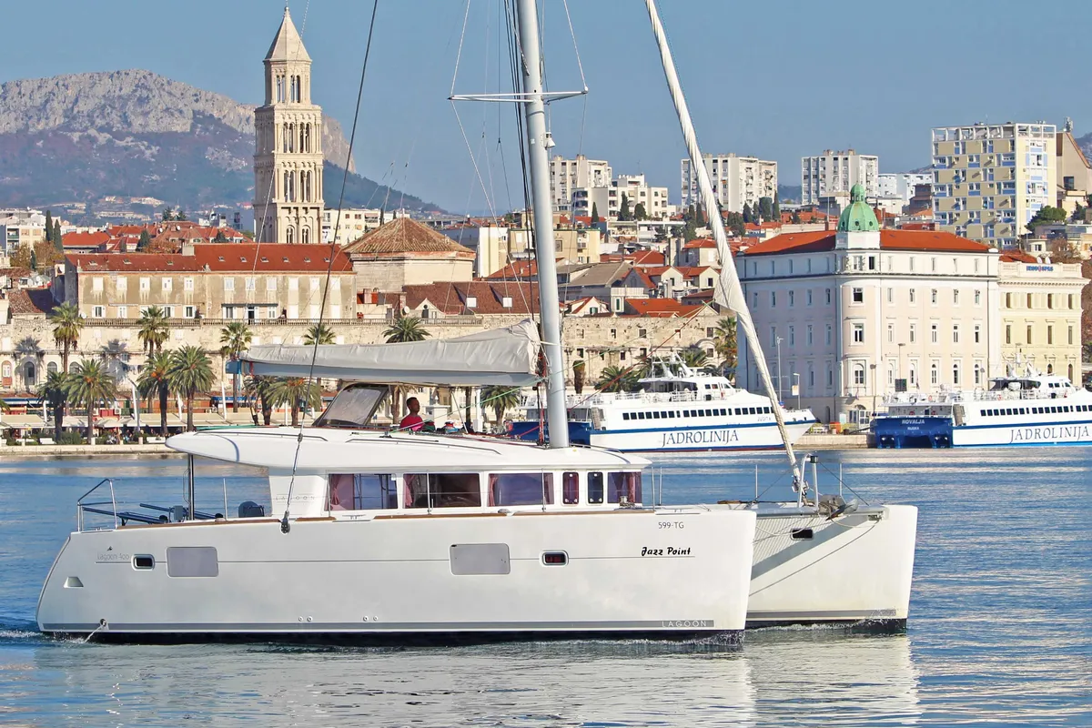 Exterior view of Jazz Point, a Lagoon 400 catamaran at Split, Croatia