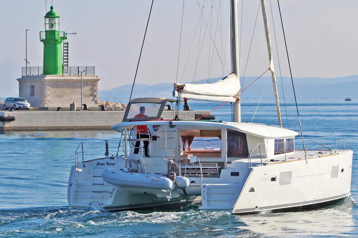 Exterior view of Jazz Point, a Lagoon 400 catamaran at Split, Croatia