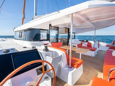 Deck of Mon Bijou, a Excess 14 catamaran at Toulon, France