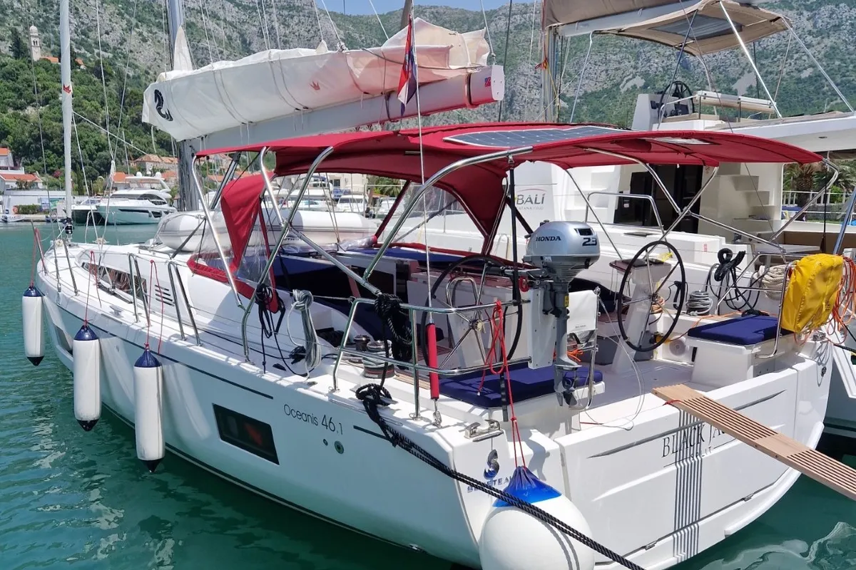 Exterior view of Black Jack, a Beneteau Oceanis 46.1 sailboat at Dubrovnik, Croatia