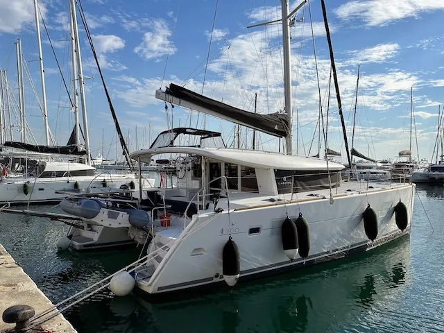 Exterior view of Stefania, a Lagoon 400 S2 catamaran at Athens, Greece
