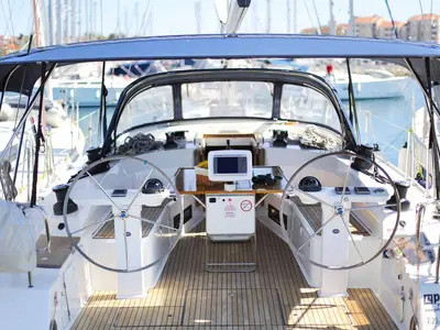 Cockpit of Wolke 7, a Bavaria Cruiser 45 sailboat at Kontokali, Greece
