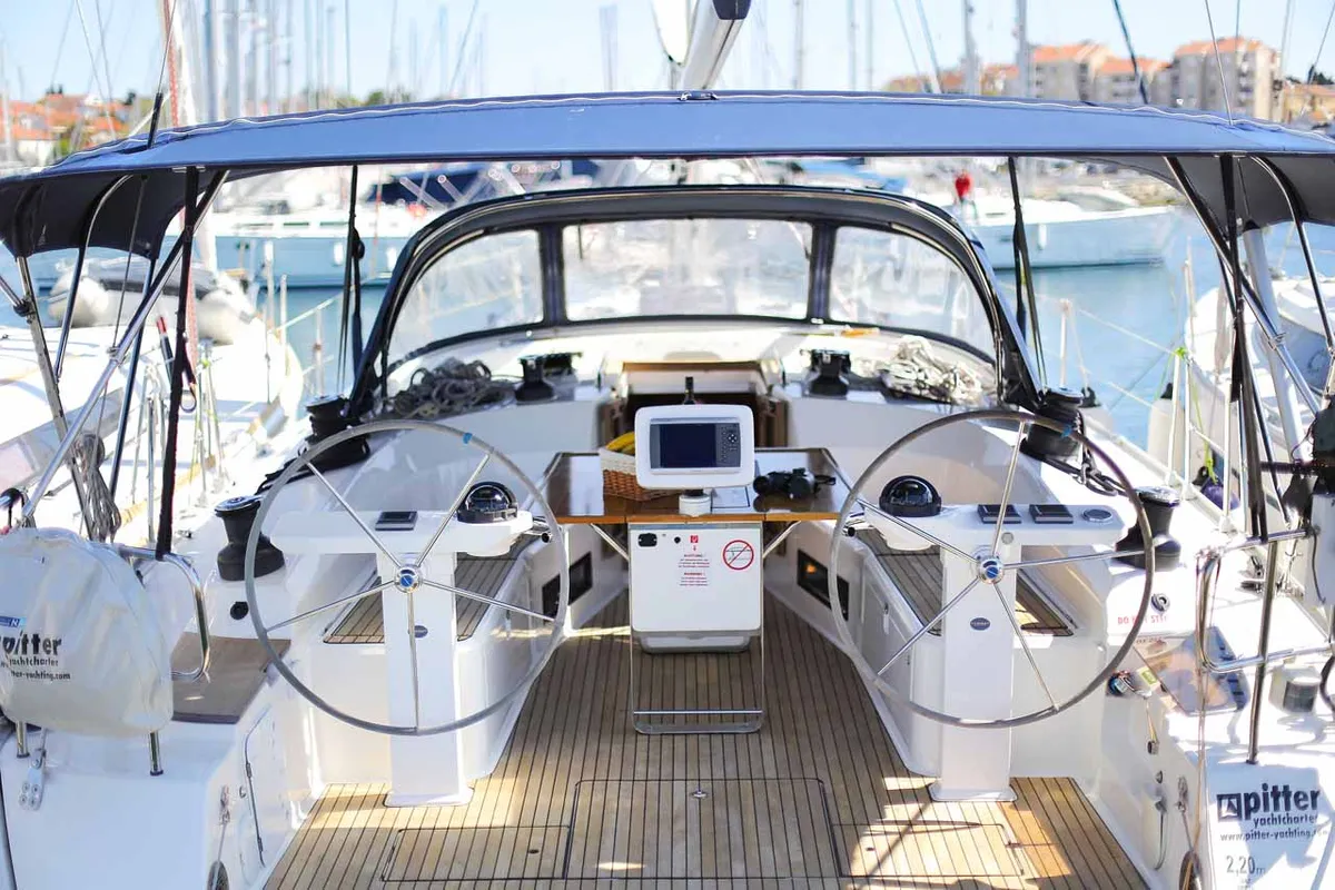 Cockpit of Wolke 7, a Bavaria Cruiser 45 sailboat at Kontokali, Greece
