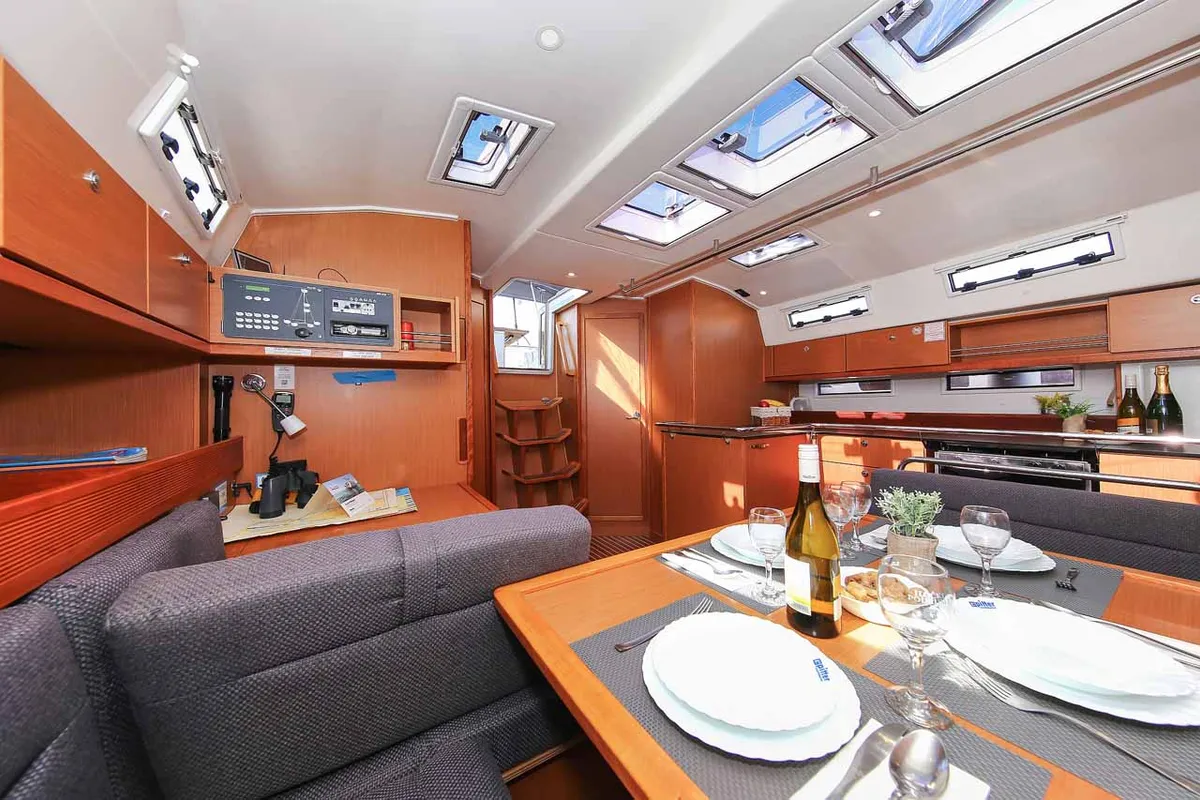 Salon of Wolke 7, a Bavaria Cruiser 45 sailboat at Kontokali, Greece