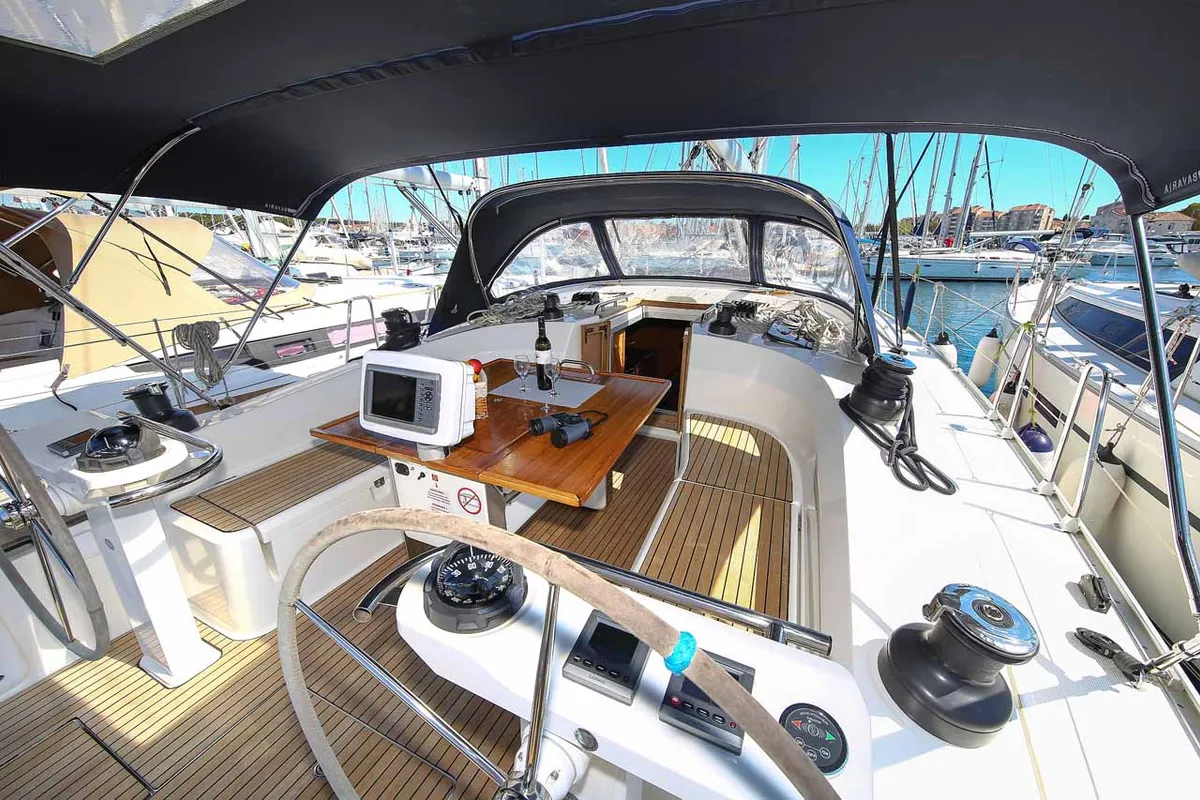 Deck of Wolke 7, a Bavaria Cruiser 45 sailboat at Kontokali, Greece