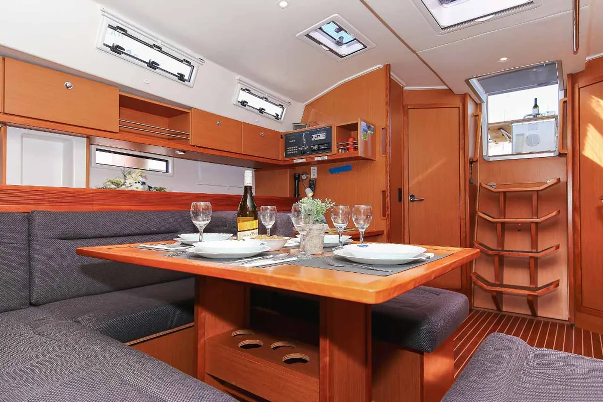 Salon of Wolke 7, a Bavaria Cruiser 45 sailboat at Kontokali, Greece