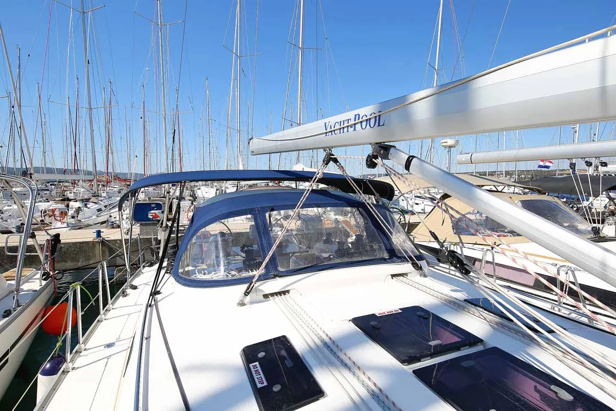 Deck of Wolke 7, a Bavaria Cruiser 45 sailboat at Kontokali, Greece