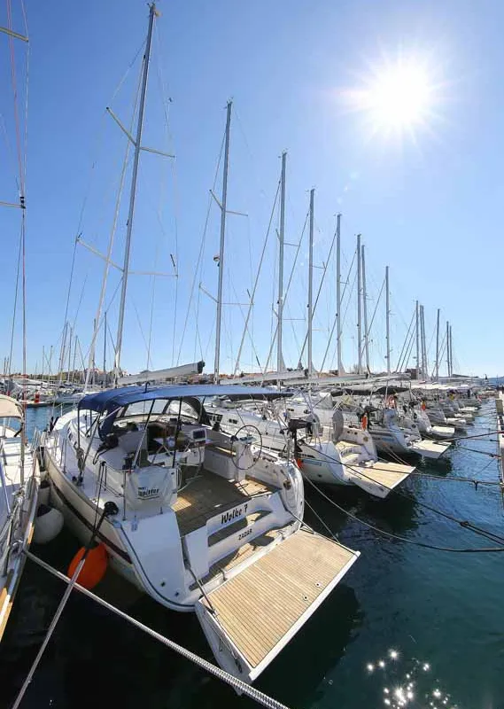 Exterior view of Wolke 7, a Bavaria Cruiser 45 sailboat at Kontokali, Greece