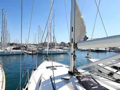 Deck of Wolke 7, a Bavaria Cruiser 45 sailboat at Kontokali, Greece