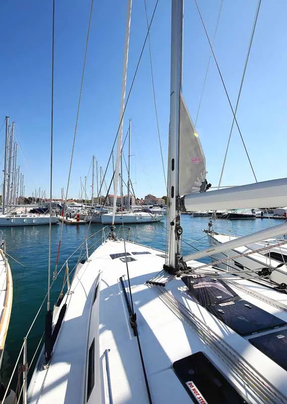Deck of Wolke 7, a Bavaria Cruiser 45 sailboat at Kontokali, Greece