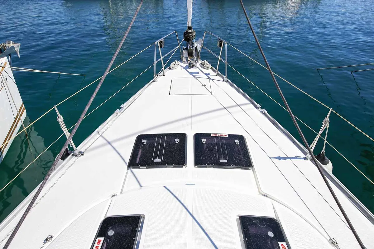 Deck of Wolke 7, a Bavaria Cruiser 45 sailboat at Kontokali, Greece
