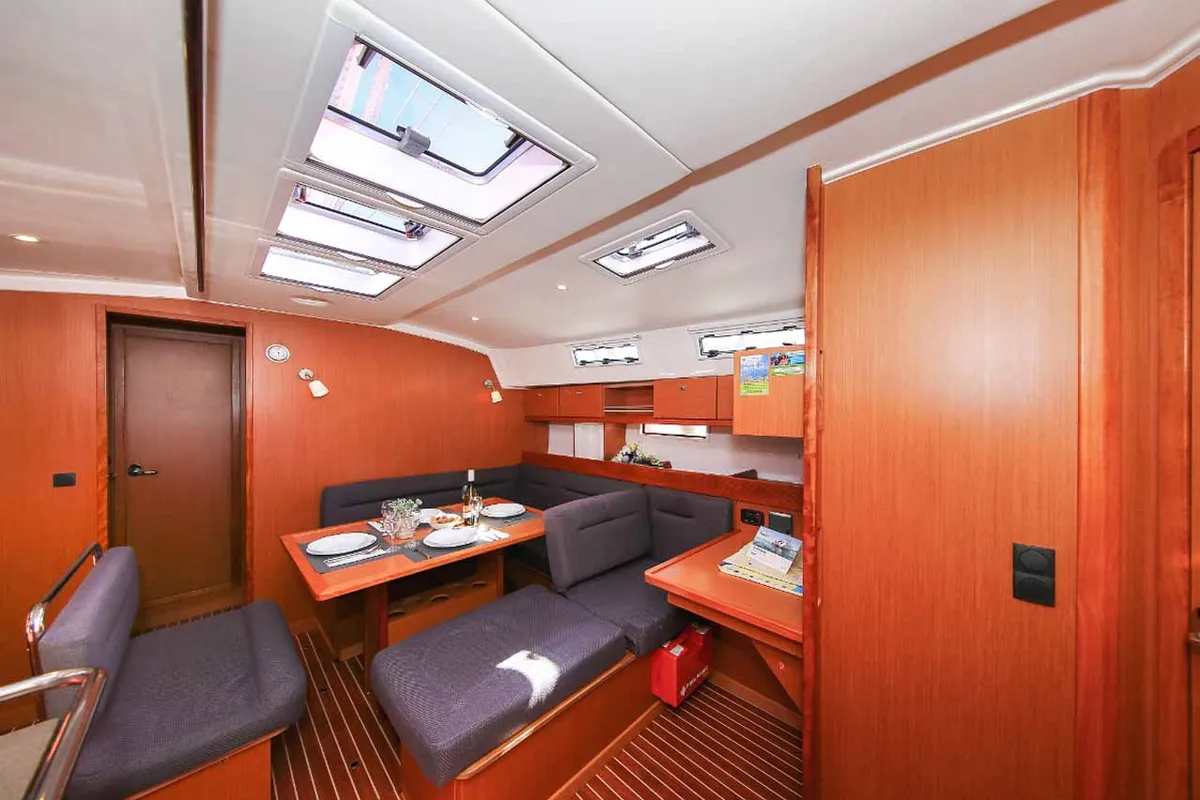 Salon of Wolke 7, a Bavaria Cruiser 45 sailboat at Kontokali, Greece